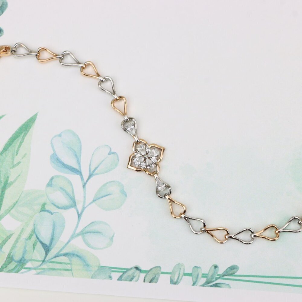 "Elegant Rose Gold & Silver Floral Bracelet with Heart Link Design, XPBL0844